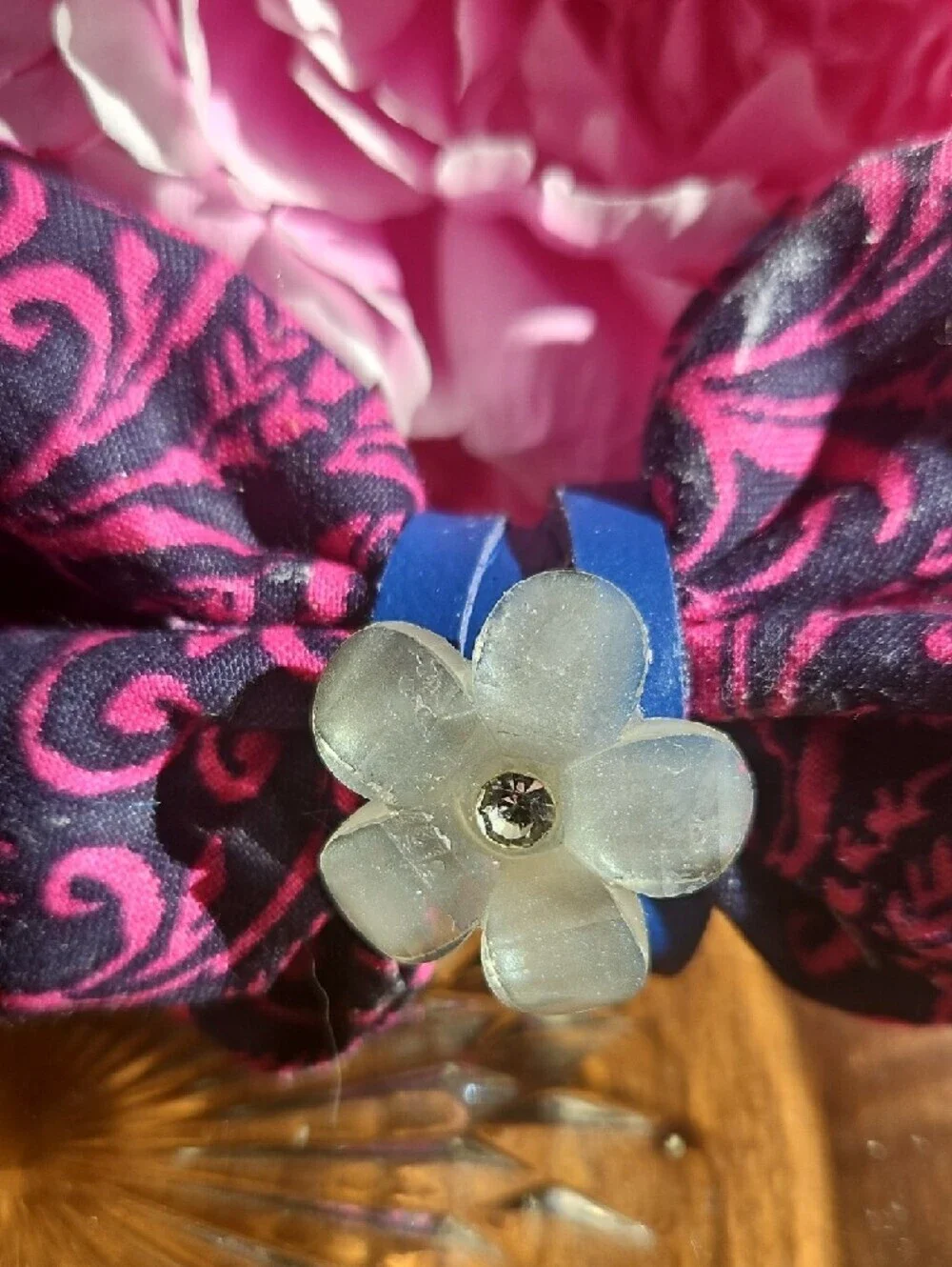 Hand Crafted Dog Collar Bow Tie Paisley Navy&Pink Flower Crystal NEW
